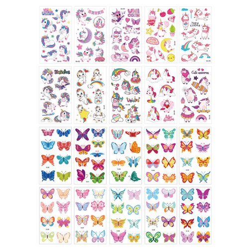 KINBOM Temporary Tattoo, 20 Sheets Multi-colored Cartoon Animal Tattoos for Kids, Waterproof Tattoos for Birthday Party Favors, Unicorn & Butterfly Patterns