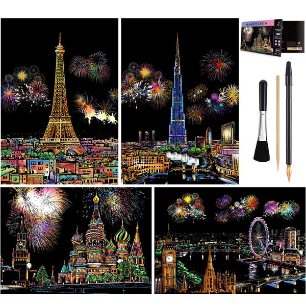 Rainbow Scratch Art Painting Paper (A4) for Adult & Kids, Night View Scratchboard, Engraving Art Set: 4 Sheets Scratch Cards & Clean Brush, Drawing Pen (Eiffel Tower / Big Ben / Moscow / Burj Khalifa)