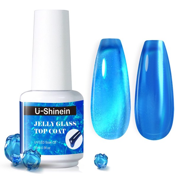 U-Shinein Jelly Gel Nail Polish, Top Coat Gel Nail Polish for Jelly Glass Finish, Sheer Blue Crystal Translucent Gel Nail Polish Jelly Glass Top Coat Gel Soak Off UV/LED for Nail Art Manicure Salon