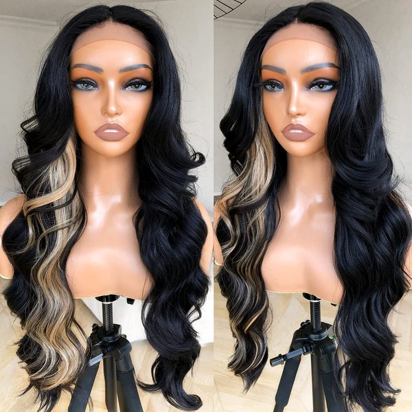 BlackSwern Skunk Strip Wigs, Blonde Skunk Strip Body Wave Lace Front Wigs Pre Plucked, Glueless Lace Wigs for Black Women