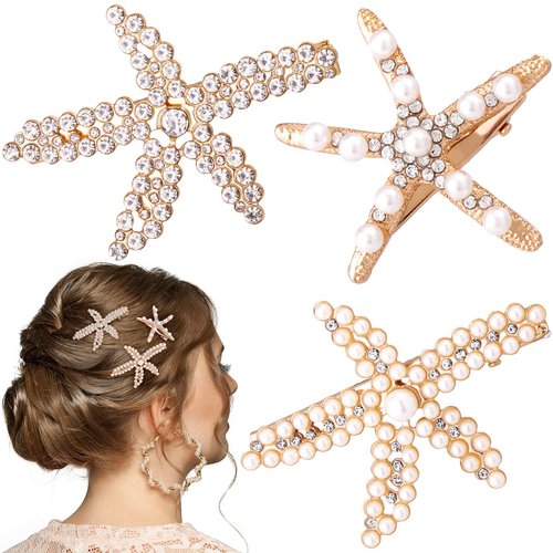 PAGOW 3 PCS Starfish Hair Clips, Gold Rhinestone Pearls Crystal Hair Clips, Sea Star Ponytail Holder, Faux Pearl Crystal Wedding Headpiece Hair Accessories For Women, Girls, Bride(1.73 x 2.48 Inch)