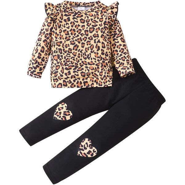 RETSUGO Toddler Girl Clothes Leopard Long Sleeve Sweatshirt Top and Pants Toddler 2pcs School Outfits Kids Fall Winter Clothing Set Size 7/6615