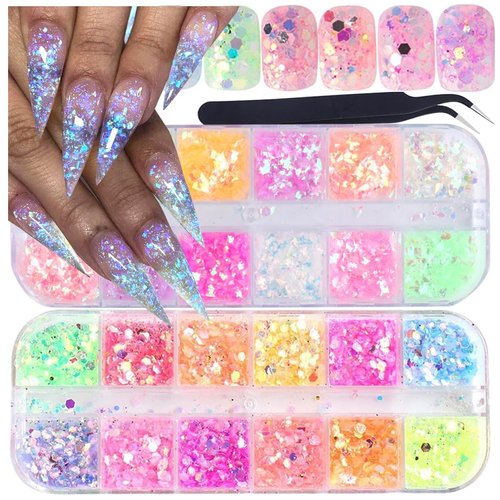 Holographic Nail Art Glitter Iridescent Flakes Nail Foil 12 Grids and Mermaid Flake Nail Glitter Sequins 12 Grids,Colorful Fluorescent Glass Acrylic Nails Supplies Sticker for Make Up DIY Decoration