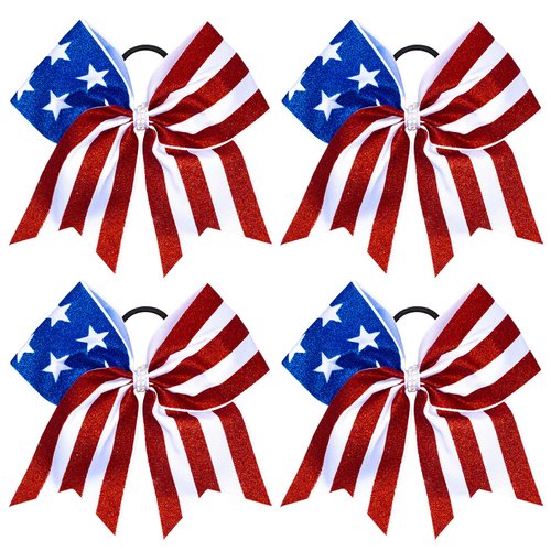 Whaline 4th of July Glitter Cheer Hair Bows 8 Inch Patriotic Cheerleader Hair Bows with Elastic Ponytail Holder Stars and Stripes Hair Tie Band Independence Day Hair Accessories for Teens, 4Pcs