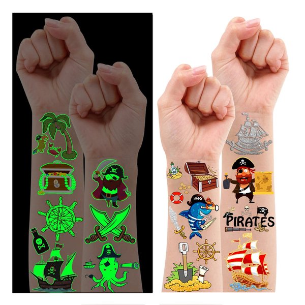 PARTYWIND 34 Styles Pirate Birthday Party Supplies, Glow + Metallic Glitter Pirate Temporary Tattoos for Kids Party Favors Decorations, Pirate Tattoo Stickers Accessories Games for Boys and Girls