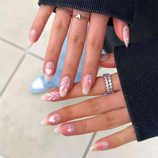 Pink Love Heart Bow Press on Nails Long Almond Fake Nails Mirror Glitter Rhinestones Acrylic Glue on Nails Reusable Stick on Nails for Women DIY Charm Manicure