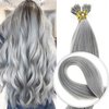Nano Ring Hair Extensions Human Hair Keratin Cold Fusion Nano Tip Micro Nano Beads Link Thick Hair Balayage Highlight Ombre Real Remy Hair 1g/s (24inch50gr50s, Silver Gray)