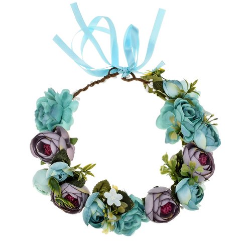 June Bloomy Women Rose Floral Crown Hair Wreath Leave Flower Headband with Adjustable Ribbon (White)