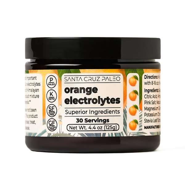 Santa Cruz Paleo Real Salt Electrolytes Powder, Orange, Hydration Drink Mix Made with Himalayan Pink Salt, Sea Salt, Magnesium Glycinate, Gluten Free, Keto, Sugar Free, Paleo, 30 Servings, 1 Jar