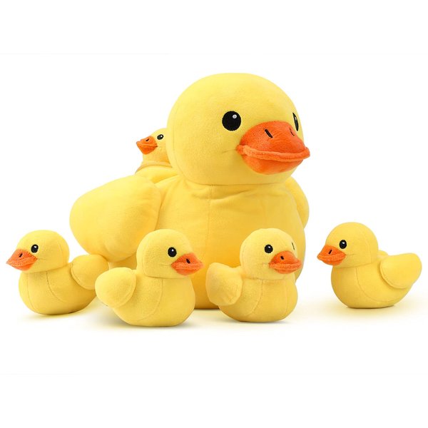 Pegmapri 14" Yellow Duck Stuffed Animal with Babies, Ducky Plush Playset with Zipper Pocket, 5pcs Ducklings Toys Plushie Birthday Gift for Kids Boy Girl