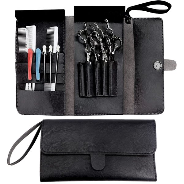 FERCAISH Salon Scissors Storage Bag, Black Leather Scissors Holder Pouch Cases - Multifunctional Clutch Bag Barber Salon Scissors Cases, Salon Tools Holster Bag for Stylist Barber Hairdressers