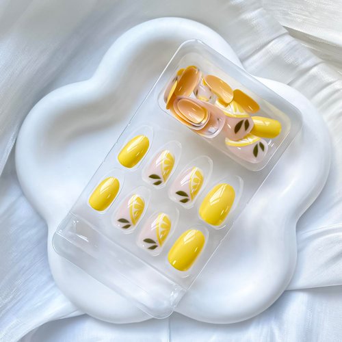 24 Pcs Press on Nails Short Fake Nails Oval Designs Full Cover False Nails with Lemon Pattern Yellow Acrylic Nails Glossy Glue on Nails for Women Nail Art Decoration