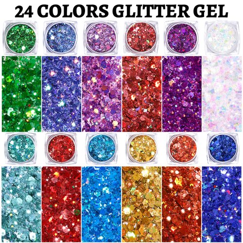 Teenitor 24 Colors Face Glitter Body Glitter Gel, Hair Glitter Gel, Face Glitter Makeup Glitter Gel for Face, Body, Hair