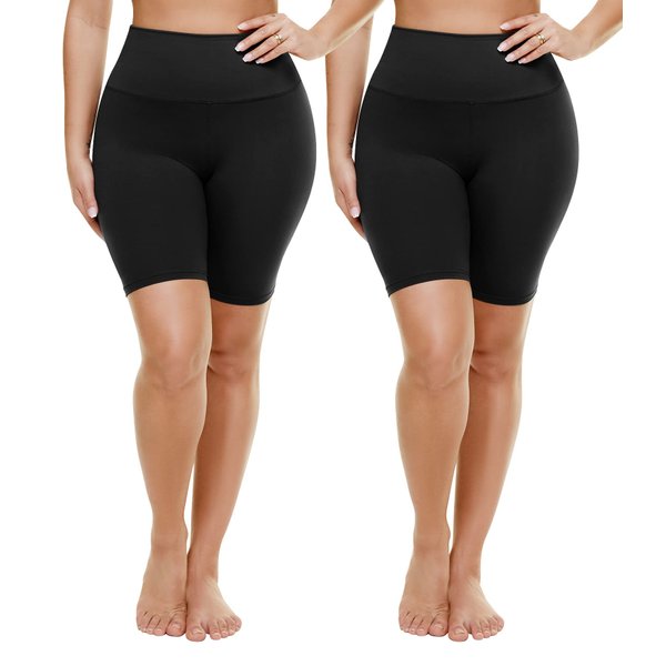 TNNZEET 2 Pack Plus Size Biker Shorts for Women - Workout Gym Spandex Running Black Shorts