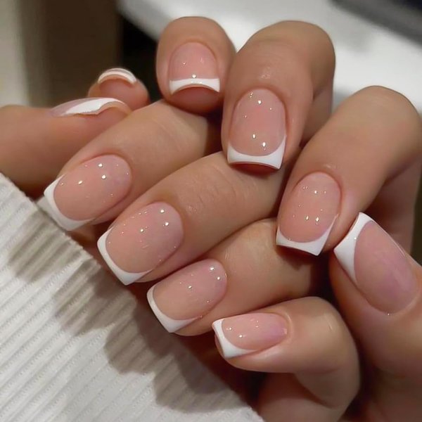 White Press on Nails Short Square French White Fake Nails Fashion Design Acrylic Gel Fake Nails Kit, Exquisite Press on Nails Natural Fit Nail Art Kit 24Pcs (14.French White)