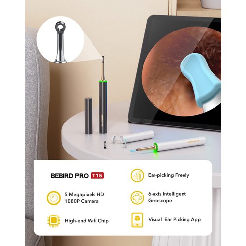 BEBIRDPRO Ear Wax Removal Cleaner with IP67 Camera, Otoscope Ear Cleaning Tool with Premium Storage Box, Earwax Cleaner with HD Camera for iOS, Android Phones T15 PRO Black, with Blackhead Vacuum