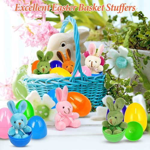 FLY2SKY 12 Packs Easter Egg Basket Stuffers Plush Bunny Plastic Easter Eggs Fillers Kids Party Favors Surprise Easter Eggs Hunt Games Supplies Birthday Gifts Toddler Girls Toys Goodies Bags