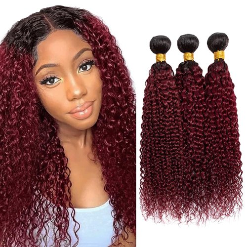 1B99J Bundles Ombre Kinky Curly Human Hair Bundles 8A Grade Brazilian Unprocessed Virgin Hair 3 Bundles 20 22 24 Inch Two Tone Black Wine Red Bundles Human Hair Extensions