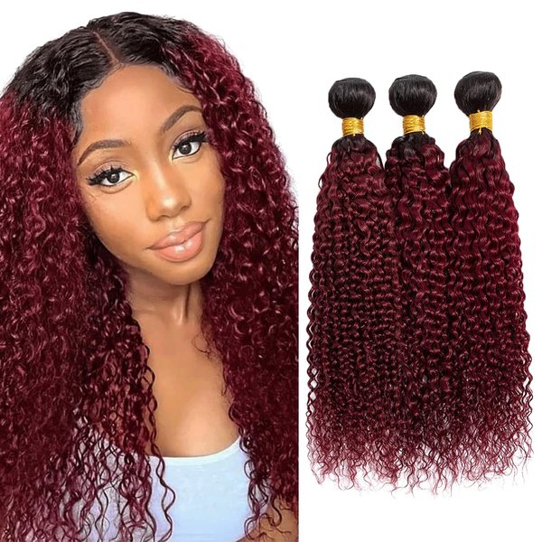 1B99J Bundles Ombre Kinky Curly Human Hair Bundles 8A Grade Brazilian Unprocessed Virgin Hair 3 Bundles 20 22 24 Inch Two Tone Black Wine Red Bundles Human Hair Extensions
