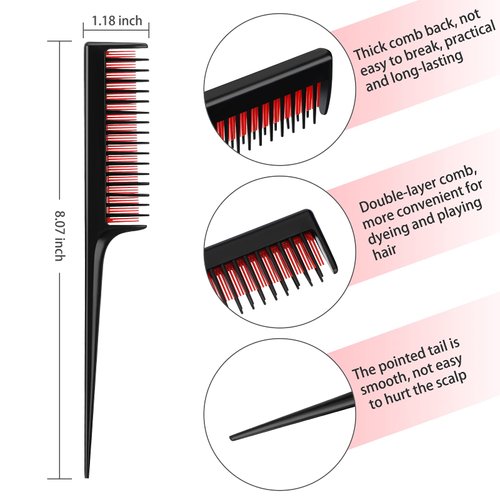 Leinuosen 3 Piece Triple Teasing Comb Rat Tail Tool and Structure Tease Layers Rattail for Women Back Combing Root Adding Volume Evening Styling (Black Red, Black Blue, Pink Black)