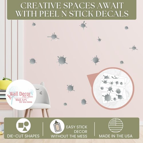 Paint Splatter Decal Set - Metallic Silver Paint Splash Stickers - Removable Paint Splatter Stickers - Wall Decals Peel and Stick Kids -Daycare Decor Art Classroom Decor Kids Bathroom Sets - 13pc