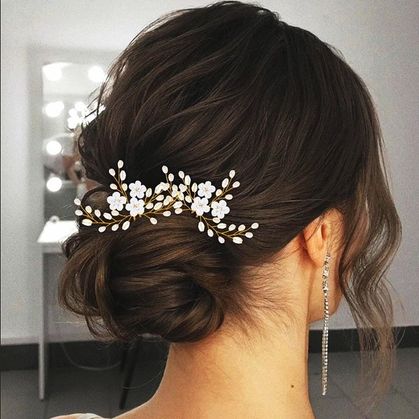 Foryysa Bridal Wedding Hair Pins for Women Gold Rhinestone Pearl Flower Headpiece Elegant Vine Leave Handmade Headwear Sparkly Design (2 pcs)