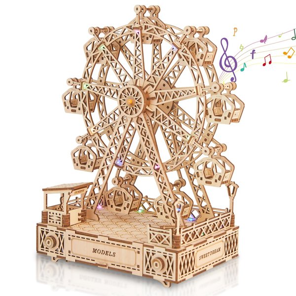 Hallisun 3D Wooden Puzzle for Adults with Colourful LED Lights Music, Ferris Wheel Model Building Kit, DIY Handicraft Wood Model Hobbies, Birthday Gift for Family Friends, Home Decor, 260 pcs