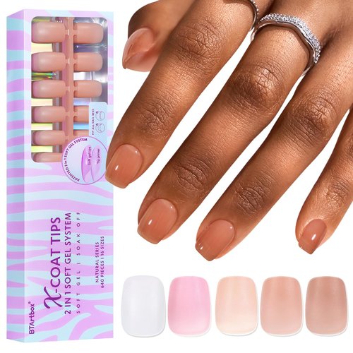 BTArtbox Extra Short Nail Tips Square - 600 Pcs Gel Press On Nails Natural XCOATTIPS Pre-applied Tip Primer Cover, Pre-colored Gel Tips Fake Nails for Nail Extensions Easy DIY Nail Art 15 Sizes