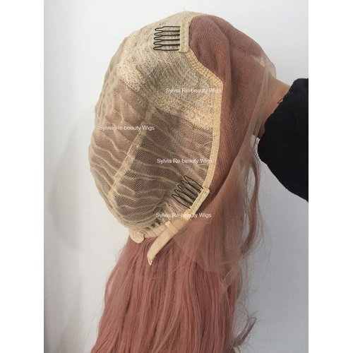 Sylvia Peach Pink Lace Front Wigs Long Curly Wave Layered Dusty Pink Heat Safe Synthetic Hair Lace Front Wigs Decent Parting Space Transparent Lace for White Pale Scalp for Drag Queen…