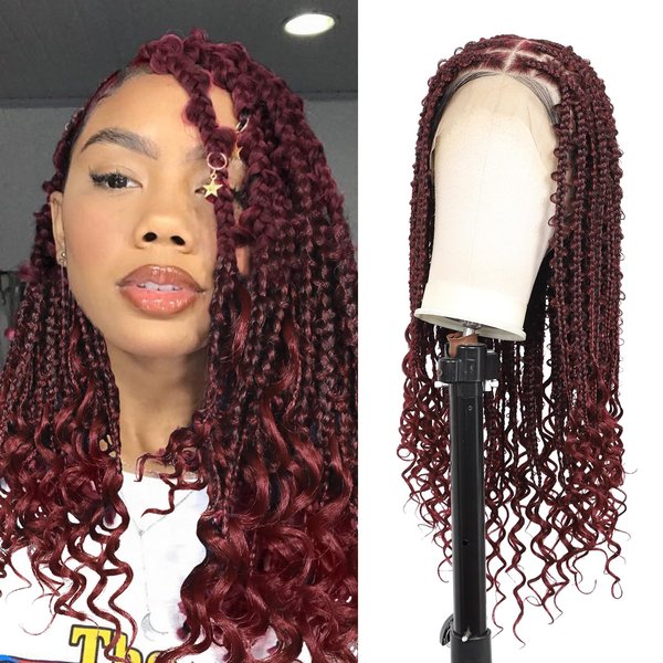 Olymei 360° HD Full Lace Braided Wigs for Women Knotless Butterfly Box Braids Wigs with Boho Curly Ends Braided Lace Front Wigs with Baby Hair Human Hair Blended Short Braided Wig 24" Burgundy