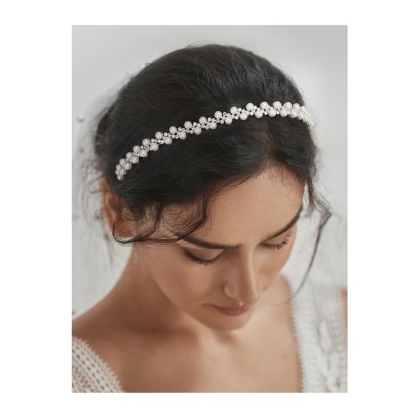 SWEETV Pearl Bridal Headband Handmade Wedding Headbands for Women Silver Rhinestone Hair Band Bridal Headpieces for Wedding Hair Jewelry Accessories