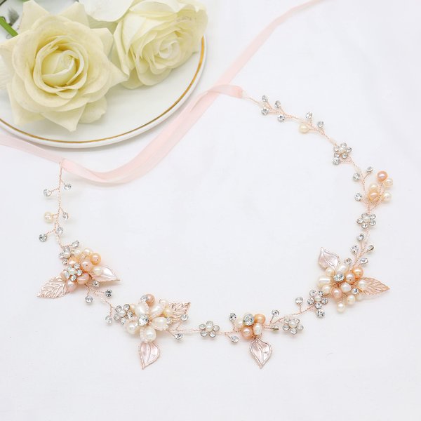 Oriamour Bridal Crystal Headband with Freshwater Pearls Flower Design Wedding Hair Accessories (Rose Gold)