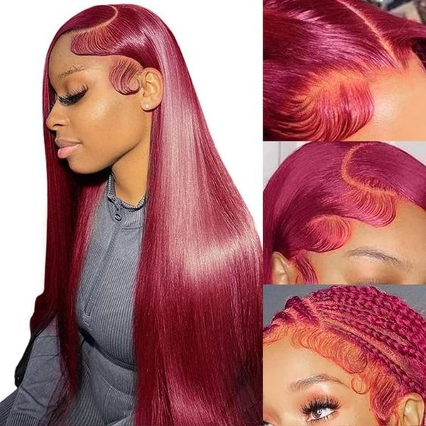 Fiumer 99j Burgundy Lace Front Wigs Human Hair 28inch 13x6 HD Transparent Lace Straight Red Wig Human Hair Colored Reddish Brown Lace Frontal Wigs Human Hair 180% Density Pre Plucked With Baby Hair