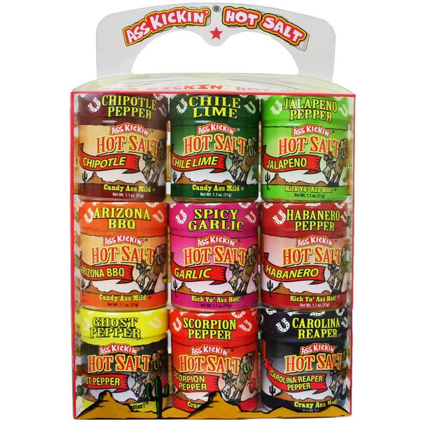 Ass Kickin' Hot and Spicy Salt Gift Set – 1.1 oz. (9 Pack Variety) - Perfect Flavored Salt for Popcorn Seasoning, Margarita Salt and French Fry Seasoning - Premium Gourmet Gift Set