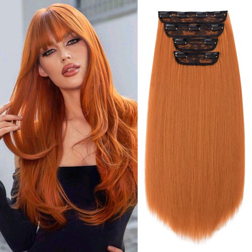 S-noilite 4PCS Yaki Clip In Hair Extensions,20 Inch Ginger Yaki Kinky Straight Hair Extensions Clip Ins for Black Women,Full Head Natural Soft Hair Blends Well Hair Piece–#232 Ginger Yaki Hair Extensions