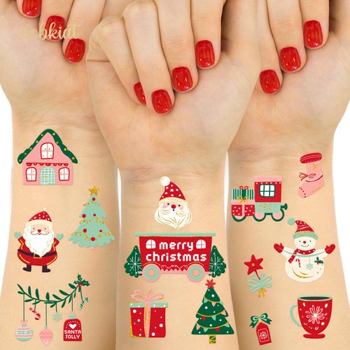 AOBKIAT Christmas Tattoos Stickers,36 Glitter Styles Temporary Tattoos for Body Face,Red Green Christmas Party Decorations,Goodie Bag Stuffers Fillers,Office School Xmas Party Favors