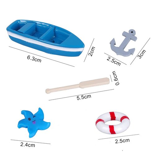 Dong Huang 12pcs Mini Beach Style Miniature Ornament Kits for DIY Fairy Garden Dollhouse Decoration, Miniature Dollhouse Boat with Oars Canoe Model Figurines(Boat,Oars,Starfish,Anchor,Life Buoy)