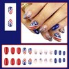 24Pcs 4th of July Press on Nails Short Almond Fake Nails Independence Day Flag with Glitter Star Sequin Design Acrylic Glue on Nails Blue False Nails for Women Girls 4th of July Nails Decoration