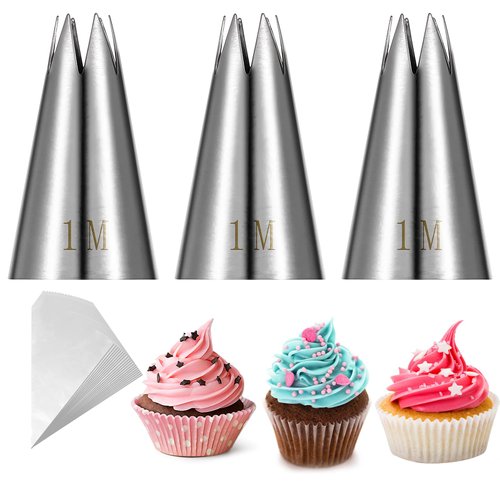 23 PCS Star Piping Tip and Bags, 1M Piping Tip Cupcake Decorating Kit, Stainless Steel Cake Frosting Kit Reusable for Cake Decorating