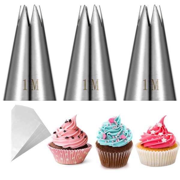 23 PCS Star Piping Tip and Bags, 1M Piping Tip Cupcake Decorating Kit, Stainless Steel Cake Frosting Kit Reusable for Cake Decorating