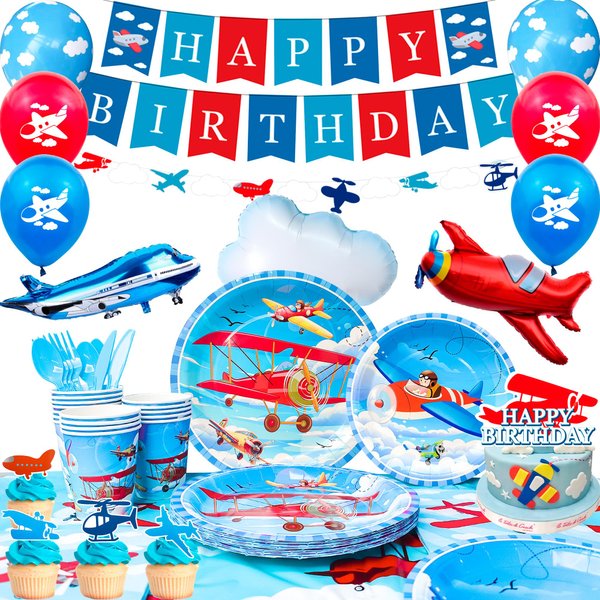 Airplane Birthday Party Decorations,167pcs Airplane Party Decorations Airplane Party Tableware Set Airplane Plates Napkins Cups Table Cloth Balloons Backdrop etc Airplane Birthday Party Supplies