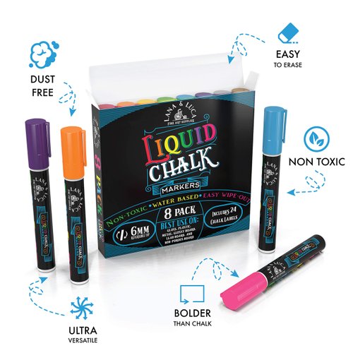 Liquid Chalk Markers for Blackboards - Bold Color Dry Erase Marker Pens Chalkboards Signs, Windows, Blackboard, Glass with 24 Chalkboard Labels Included 6mm Reversible Tip (8 Pack)