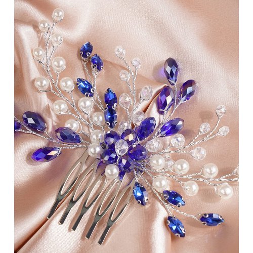 Xerling Blue Sapphire Bridal Hair Comb Rhinestone Wedding Hair Accessories for Bride Vintage Pearl Crystal Headpiece for Women (Blue)