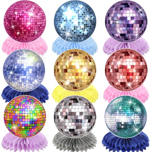 iPartyGo Disco Ball Honeycomb Centerpieces - 9 PCs Colorful 70s Disco Party Decorations Dancing Queen Disco Ball Table Centerpieces Retro Music Party Decor Disco Themed Prom Birthday Party Supplies