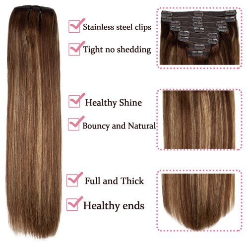 Clip in Hair Extensions Human Hair 120g Real Human Hair Extensions Clip in Balayage Chocolate Brown to Caramel Blonde 8PCS Clip in Straight Remy Hair Extensions (18inch,#4/27/4)