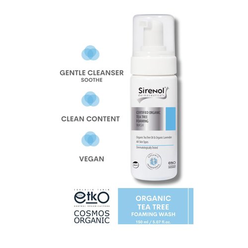 Sirenol Organic Tea Tree Foaming Wash, COSMOS Organic Certified Ingredients, Gentle Cleanser for Clear Skin, 8.45 oz