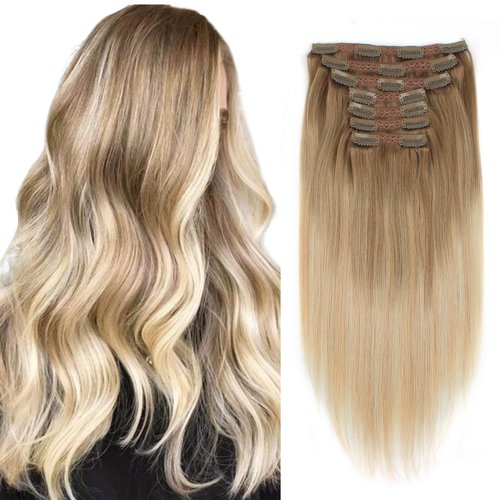 Sixstarhair Remy Hair Extensions Clip In Human Hair Balayage Hair Clip Extensions Balayage Ash Brown Fading to Dirty Blonde and Ash Blonde 140g Full Pack [B8-18-60# 18inch]