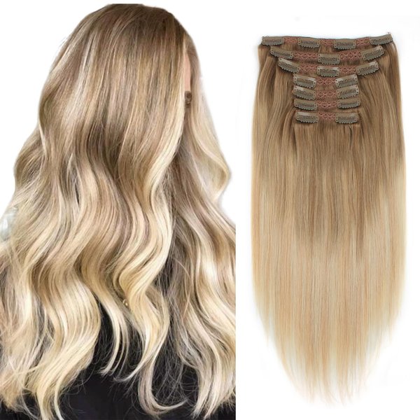 Sixstarhair Remy Hair Extensions Clip In Human Hair Balayage Hair Clip Extensions Balayage Ash Brown Fading to Dirty Blonde and Ash Blonde 140g Full Pack [B8-18-60# 18inch]