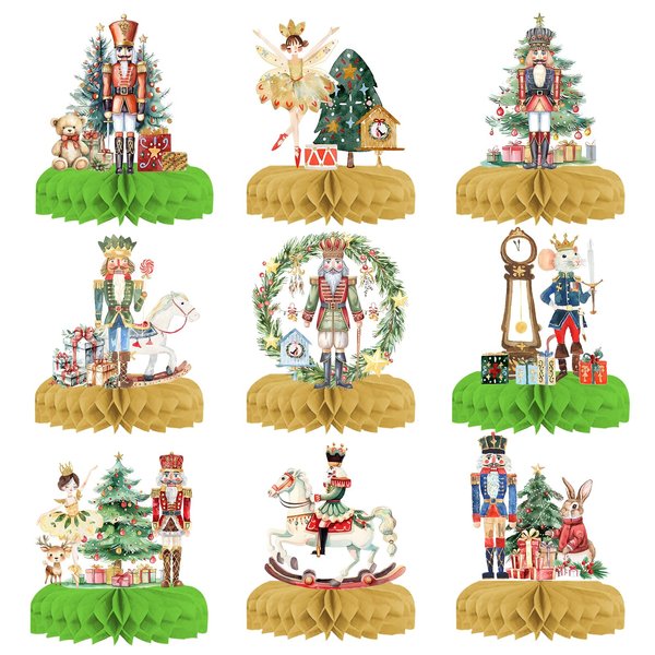9 Pcs Nutcracker Christmas Decor Party Supplies Honeycomb Centerpieces of Table Desk Office Decoration Birthday Christmas Baby Shower Decorations