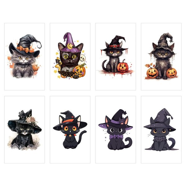 8 Sheets Halloween Temporary Tattoos for Kids, Cat with Witch Hat Tattoo Stickers for Halloween Party Decorations Supplies Favors Goodie Bag Fillers Makeup